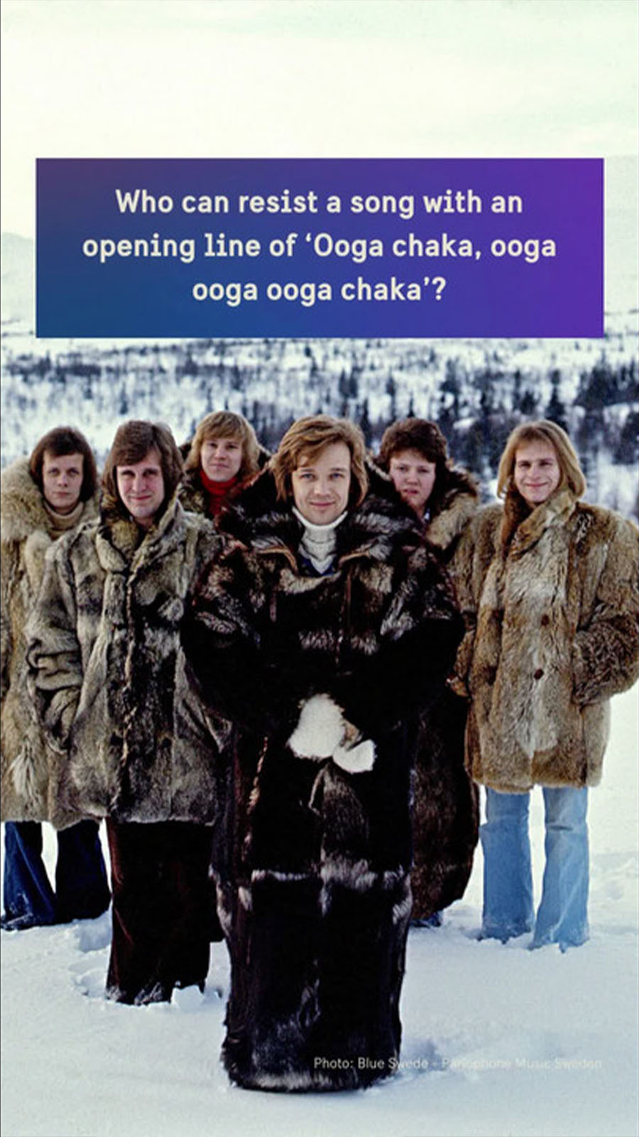 Swedish Blue Swede band portrayed outdoors in a wintry landscape.