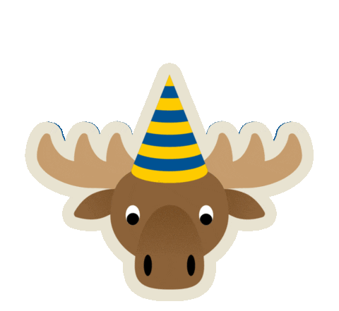 A moose with a blue and yellow party hat.