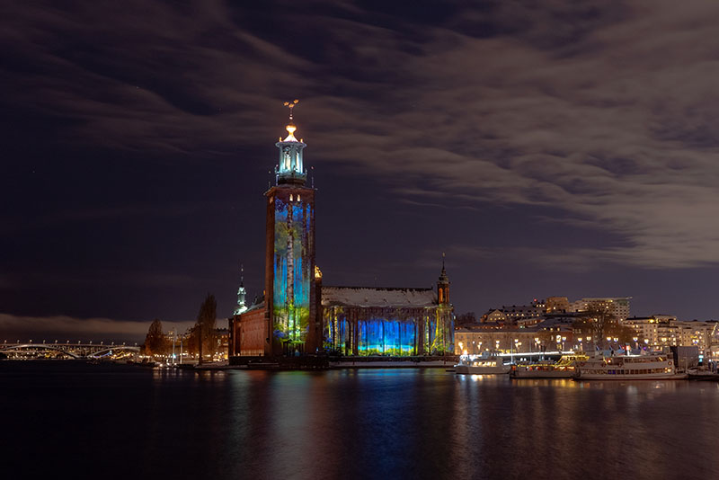 A light show on Stockholm City Hall