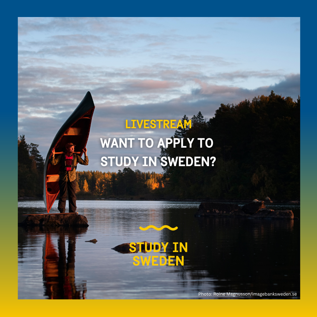 A person windsurfing in the sunset and the text: Livestream. Want to apply to Study in Sweden?